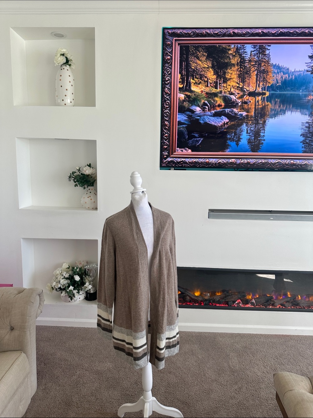 Charter Club 100% cashmere Taupe Open-Front Cardigan with Stripe Hem